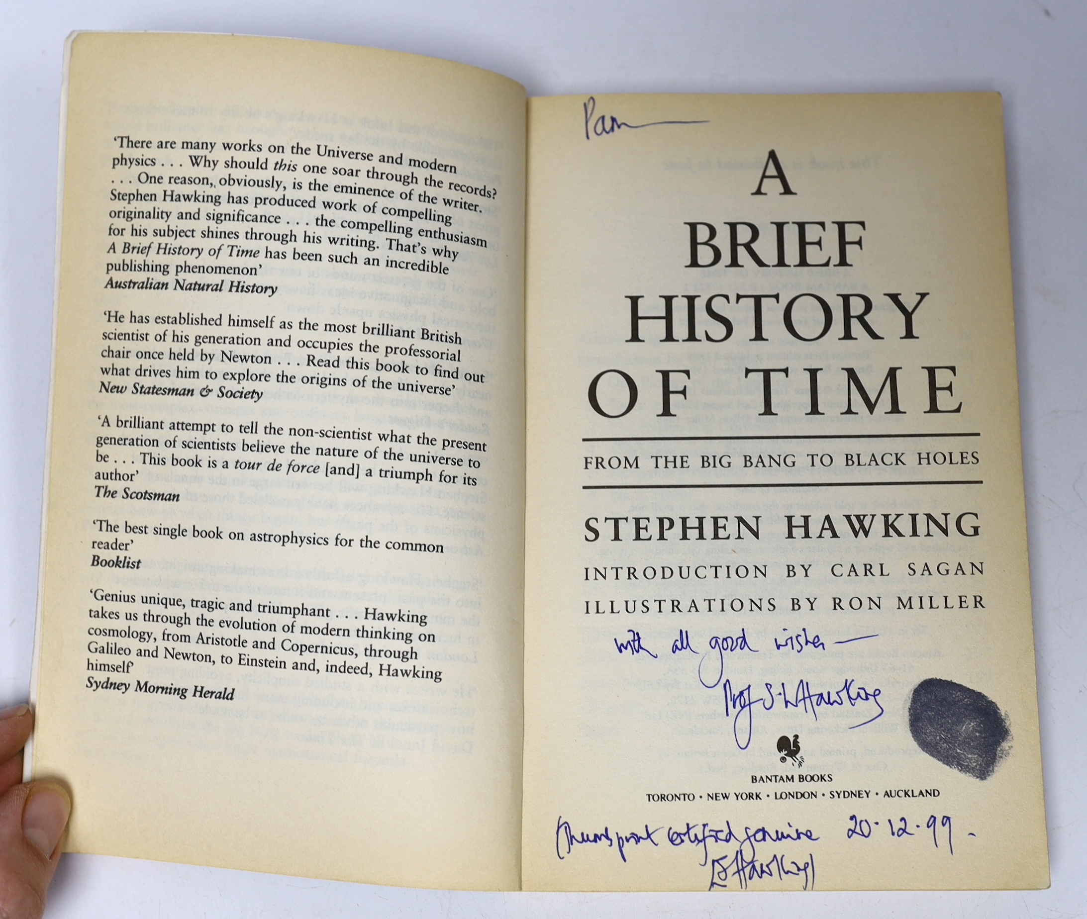 Stephen Hawking; A Brief History of Time, Bantam Books paperback edition, 1995, signed by Stephen Hawking with a thumb print